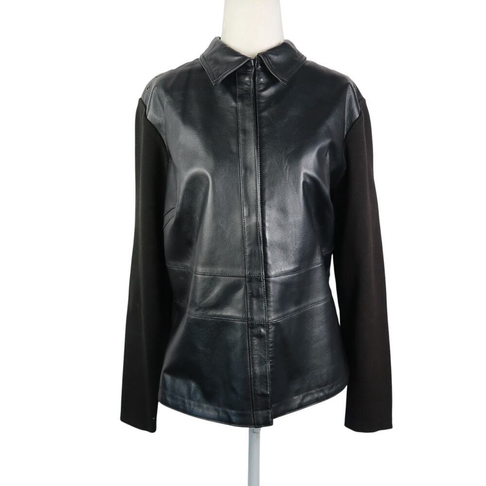 Vintage 90s Tan Jay Black Leather Knit Sleeves Jacket M